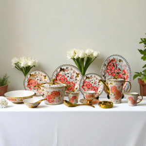 72 Pcs 8 Person Serving Floral Designed ElectroGold Fine Bone China Dinner Set (T Shape) DC# 439