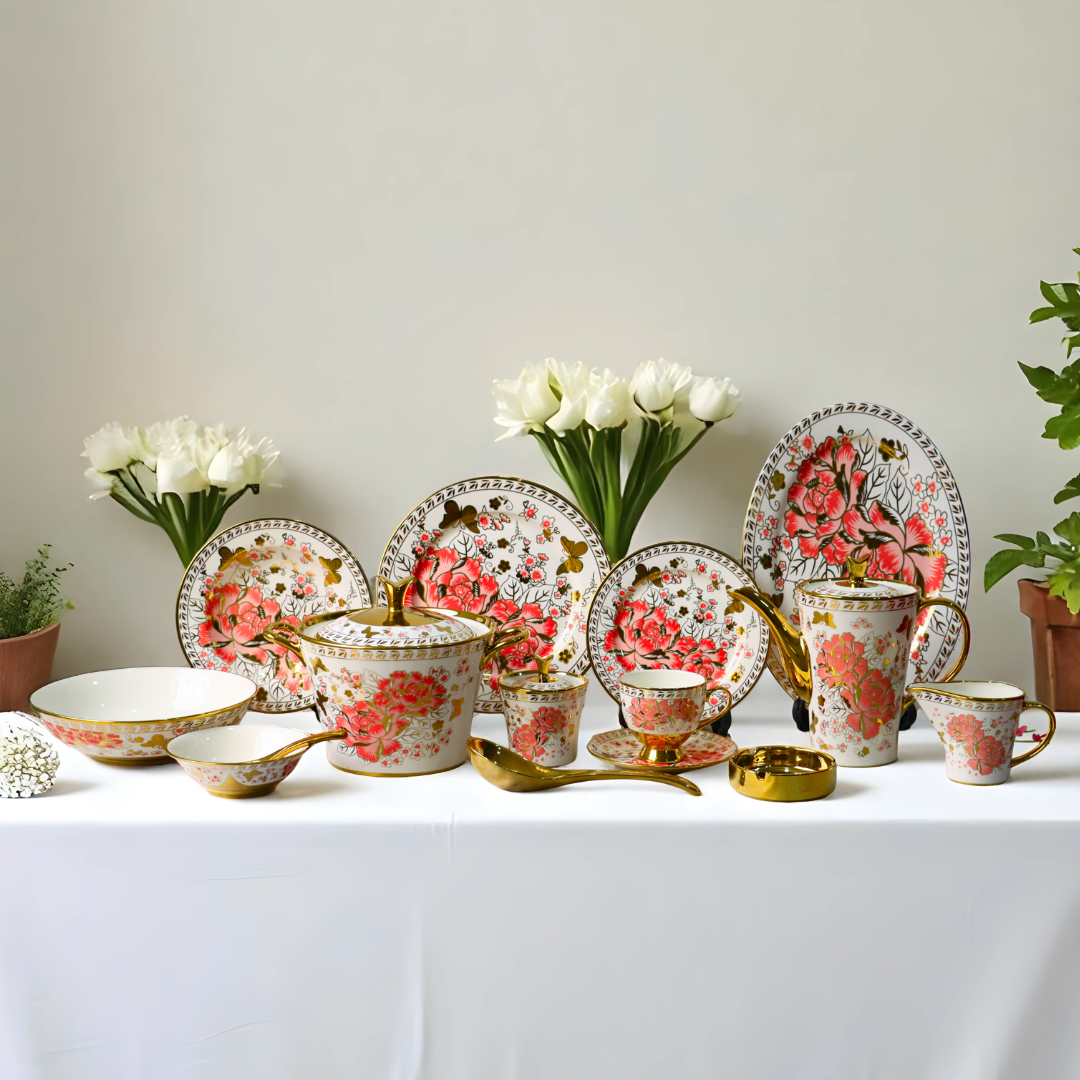 72 Pcs 8 Person Serving Floral Designed ElectroGold Fine Bone China Dinner Set (T Shape) DC# 439