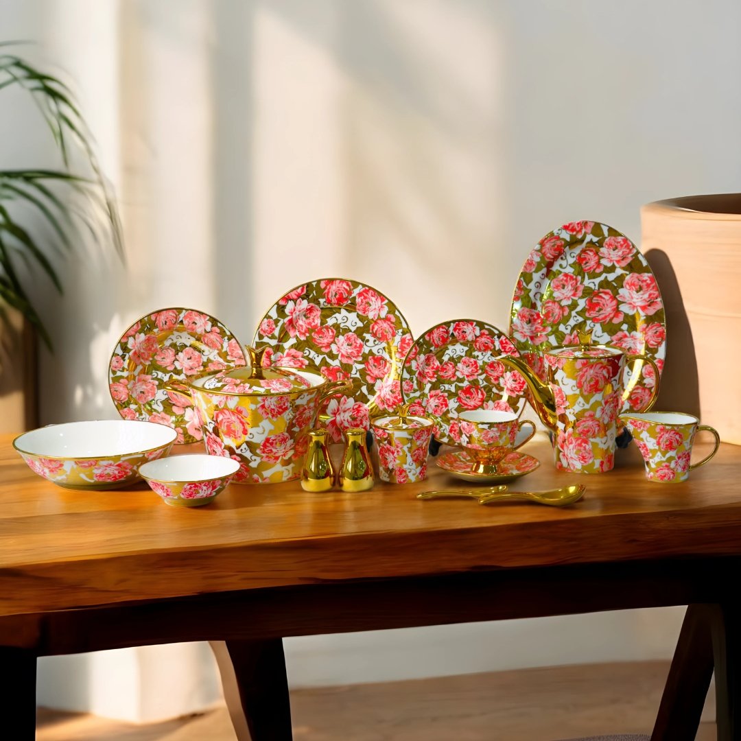 76-Pcs 6 Person Serving Fine Bone China Electrogold Dinner Set (T Shape) DC# 440